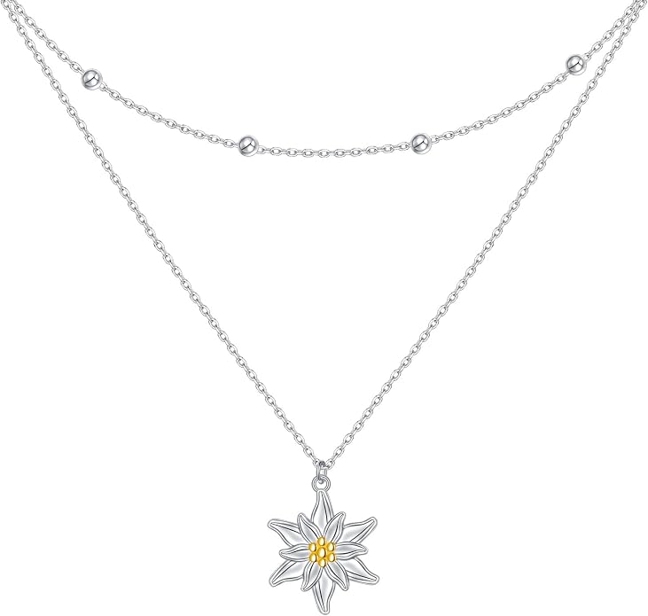 FLYOW Layered Choker Necklace S925 Sterling Silver Star Full Moon Daisy Flower Pendant Disc Jewelry Adjustable Clavicle Necklaces for Women Girls Birthday Gifts