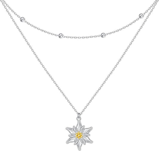 FLYOW Layered Choker Necklace S925 Sterling Silver Star Full Moon Daisy Flower Pendant Disc Jewelry Adjustable Clavicle Necklaces for Women Girls Birthday Gifts