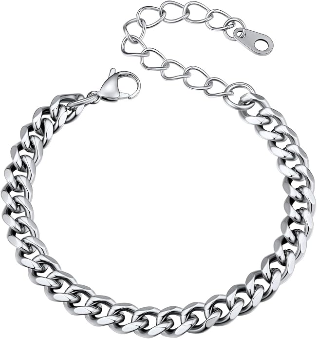 U7 Link Bracelets for Men, Cuban Link/Rope/Watch Band Solid Bracelet, Silver Black Gold Color Wrist Bracelet 3/6/9/12/15mm Width, 6.5/7.5/8.3 Inch Length, Hand Chain Jewelry for Mens Women