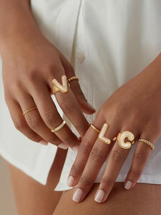 FindChic Initial Ring for Women, Gold Plated Chunky Letter Rings Open Adjustable Trendy Sparkling Cubic Zirconia Personalized Statement Rings Jewelry Gift