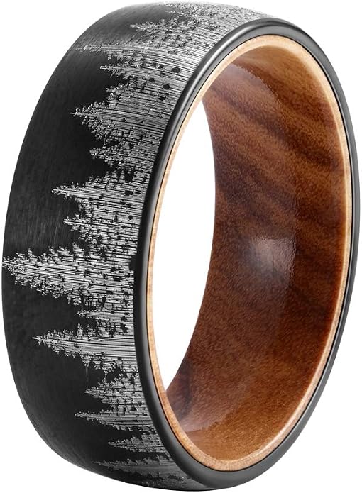 Forest Rings for Men 8 mm Black Plated Wedding Band with Wood Liner Comfort Fit