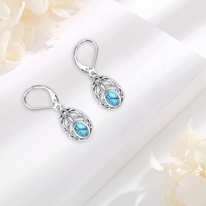 Dangle Earrings Sterling Silver Moonstone/Turquoise/CZ/Crystal Earrings for Women Tree of Life Animal Filigree Leverback Earrings Jewelry Gifts