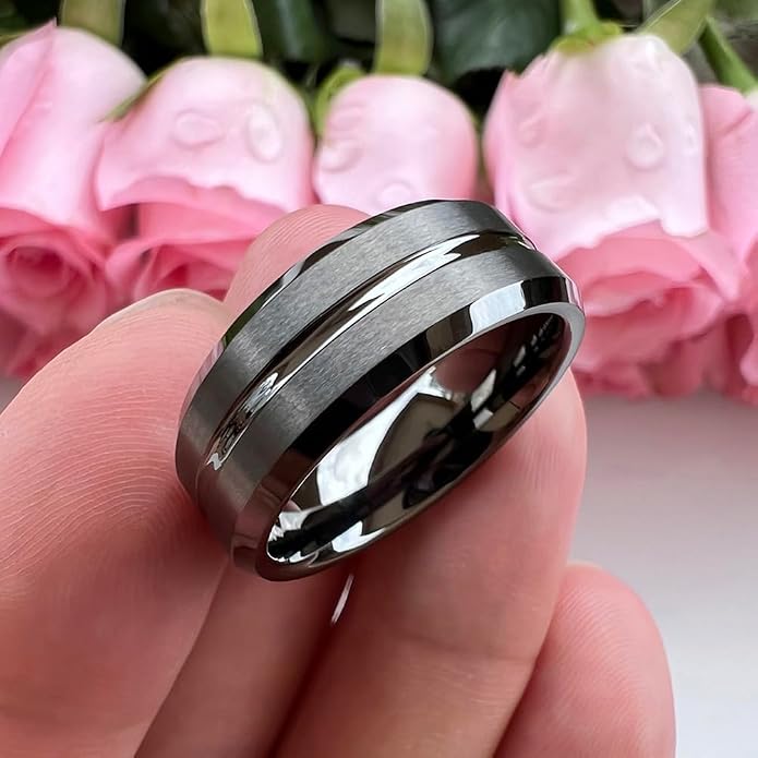 TUTISS 6mm 8mm Silver/Black/Blue/Gunmetal/Gold/Rose Gold Tungsten Rings for Men Women Fashion Engagement Wedding Bands Matte Finish Beveled Edges Comfort Fit