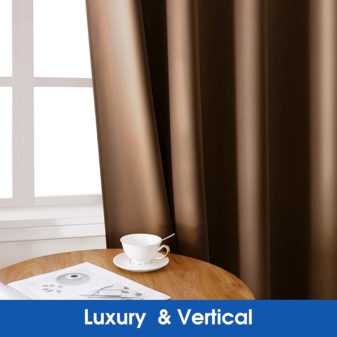 HOMEIDEAS 2 Panels Chocolate Faux Silk Blackout Luxury Curtains, 52 X 96 Inch Room Darkening Satin Thermal Insulated Window Drapes for Bedroom Decor, Indoor, Living Room