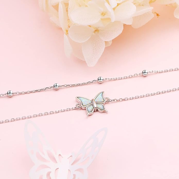 Flyow Anklet for Women S925 Sterling Silver Adjustable Foot Beaded Heart Charm Ankle Bracelet Anklets Jewelry