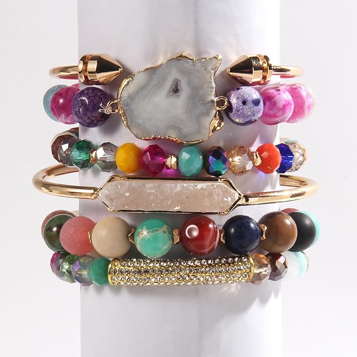 Yomisa 5PCS 6PCS Natural Boho Beaded Bracelets/Bangle for Women Men,Healing Turquoise Jasper Agate Crystal Gemstone Stone Chakra Multilayer Wrap Bohemian Handmade Jewelry Beads Stretch Bracelet Set