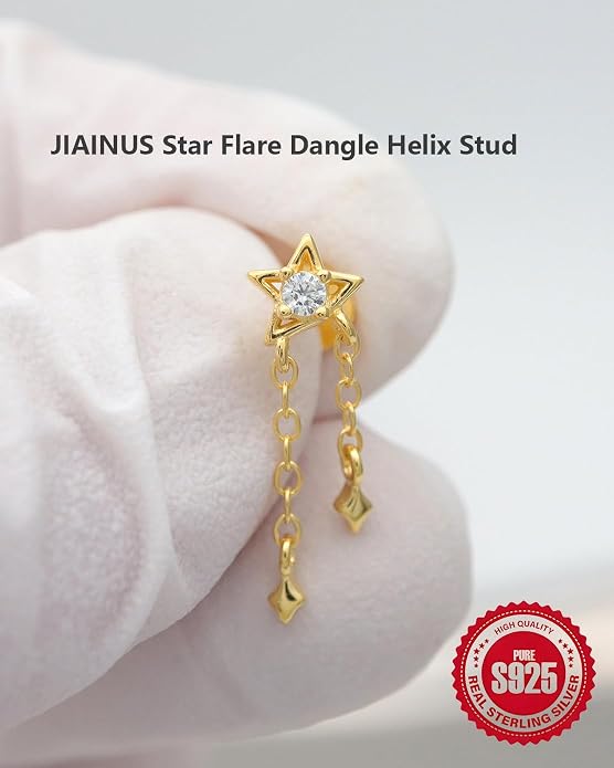 Solid 925 Sterling Silver Helix Earring with Dangle Chain 14K Gold Plated Flat Back Cartilage Stud Crescent Moon & Star CZ Internally Threaded Piercing Jewelry Ear Ring Gift