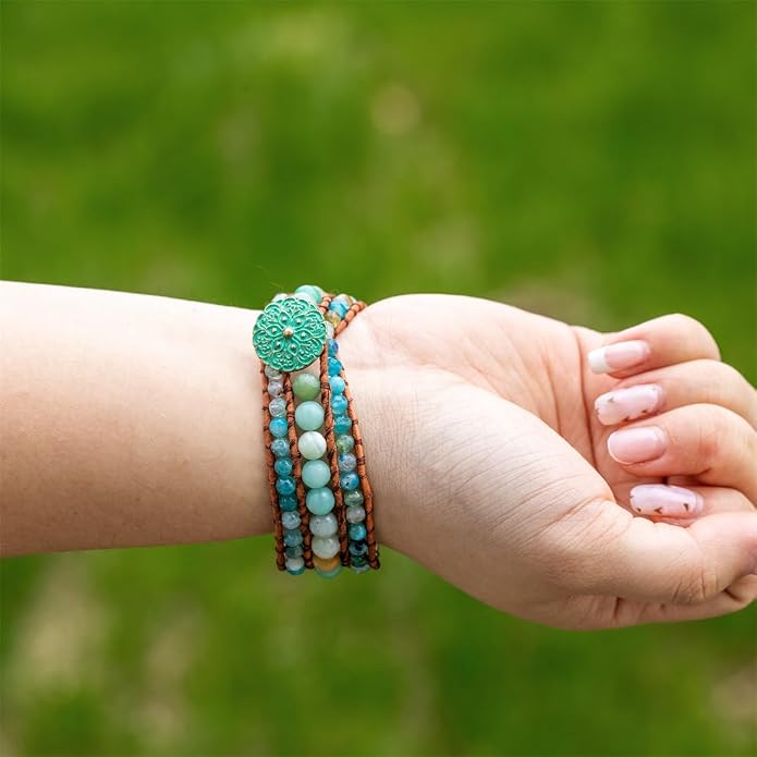 YGLINE Boho Handmade Natural Stone Bead 3 Row Wide Wrap Wrist Statment Bracelet Jewelry Collection