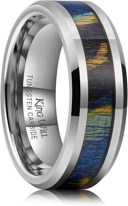 King Will Black Tungsten Wedding Band For Men, 8mm Promise Ring Inlay Red Twill Pattern/Colorful Wood Chips, High Polished Beveled Edge - Suitable For Daily Wear, Comfort Fit Size 7-14