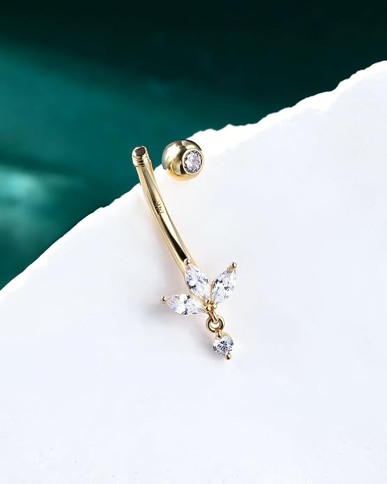 COCHARM 14K Solid Gold Belly Button Rings 14K Gold Belly Rings for Women 10MM Barbell 14k Gold Flower Belly Piercing Jewelry