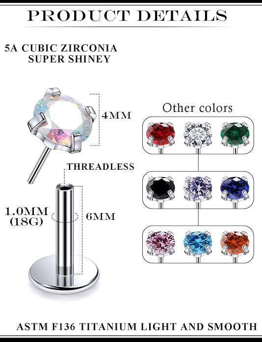 20G 18G 16G Astm F136 Titanium Threadless Flat Back Earrings Nose Studs Tragus Helix Conch Cartilage Lobe Earrings Medusa Labret Snake Bite Monroe Lip Ring Piercing Jewelry For Women Men
