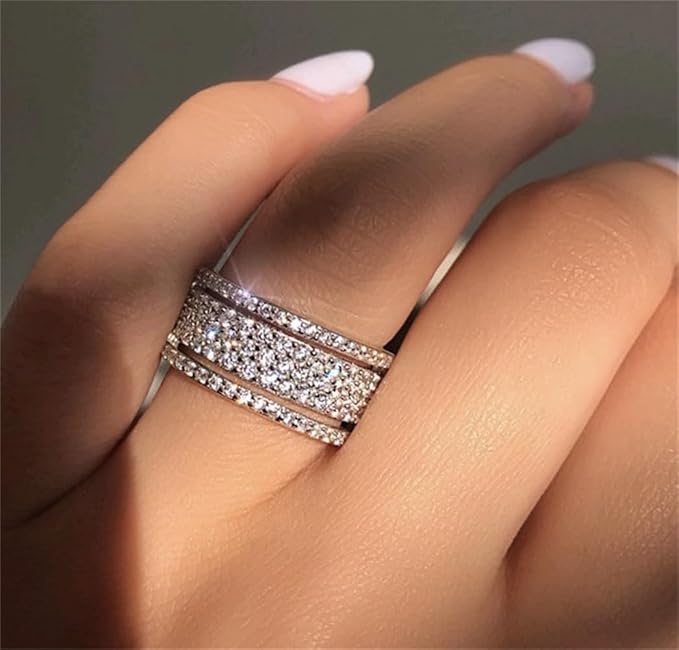 925 Sterling Silver Shiny Full Diamond Ring Cubic Zirconia Rings CZ Diamond Multi Row Ring Eternity Engagement Wedding Band Ring for Women (US Code 6)