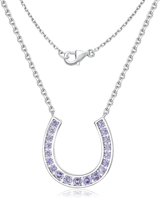 Luck Horseshoe Necklace 14K Gold Plated/Sterling Silver Created Gemstone Pendant with Chain Channel Set U Shaped Charm Necklace Birthstone Jewelry