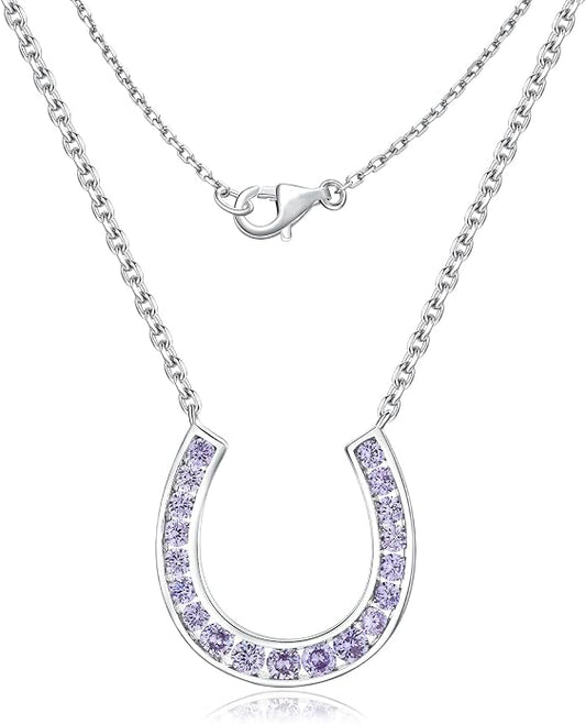 Luck Horseshoe Necklace 14K Gold Plated/Sterling Silver Created Gemstone Pendant with Chain Channel Set U Shaped Charm Necklace Birthstone Jewelry