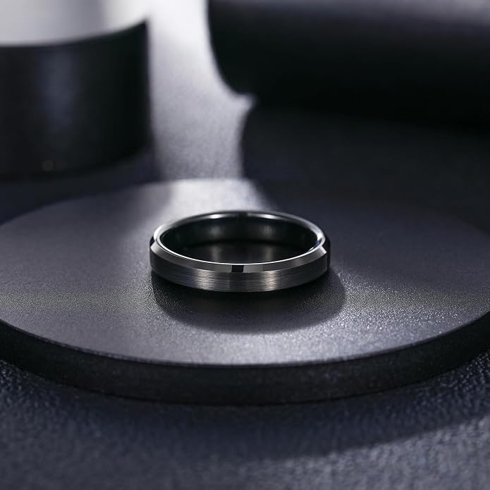 Greenpod 4mm 6mm Tungsten Carbide Ring for Men Women Beveled Edge Brushed Silver/Black/24K Gold Plated Wedding Band Comfort Fit Size 4-13