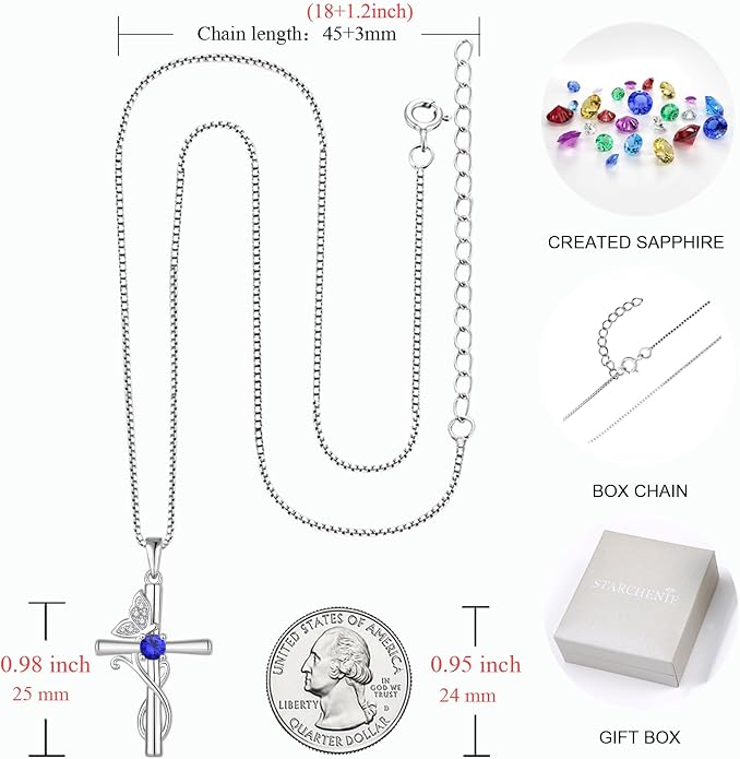 STARCHENIE Butterfly Cross Necklace 925 Sterling Silver Crucifix Pendant Birthstone Jewelry for Women