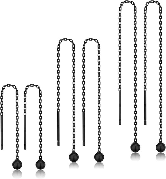 3 Pairs Threader Earrings 925 Sterling Silver Long Chain Earrings Bar/Ball Wrap Threader Drop Earrings for Women Lightweight Minimalist Mother's Day Jewelry Set