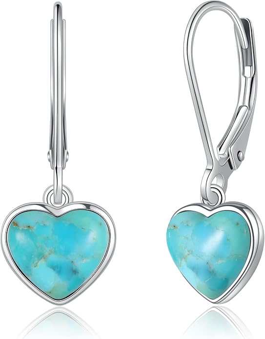 Heart Natural Turquoise Earrings for Women - Top AAA Grade, Hypoallergenic 925 Sterling Silver Leverback Dangle Earrings, Trendy Jewelry Gifts