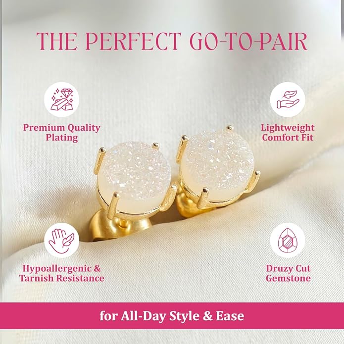 Gempires Gemstone Druzy Stud Earrings for Women 14k Gold Plated Handmade Prong Set Studs Raw Crystal Hypoallergenic Jewelry Minimalist Every Ocassion Gift