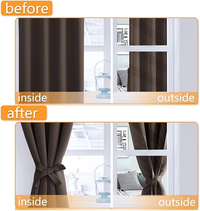 Hiasan Blackout Curtains for Bedroom, 52 x 54 Inches Long - Thermal Insulated & Light Blocking Window Curtains for Living Room, 2 Drape Panels Sewn with Tiebacks, Brown