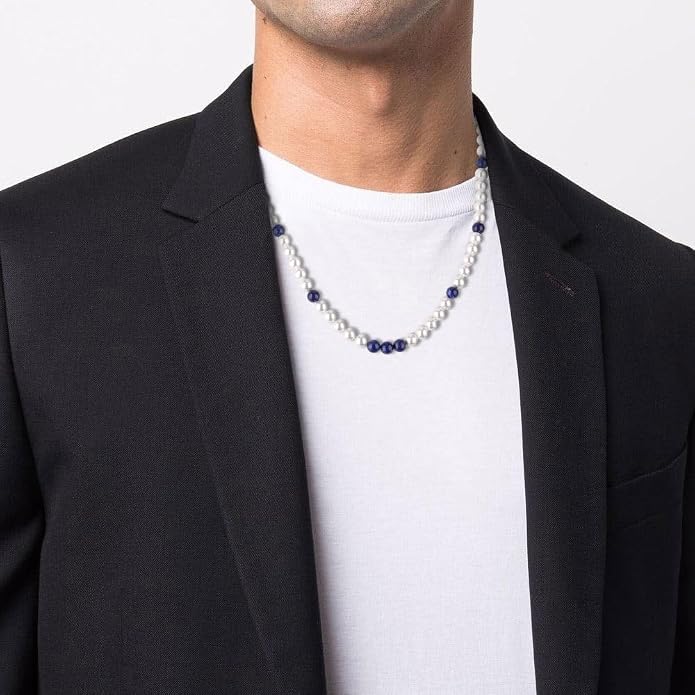 GAVU Men's Pearl Necklace, Pearl Jewelry Crystal Beaded Necklace for Men 20"/22"/24"/26"
