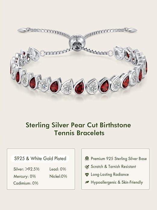 Birthstone Tennis Bracelet for Women 925 Sterling Silver Pear Shaped Gemstone Inlaid White Gold Plated Adjustable Chain Gifts for Mom Wife