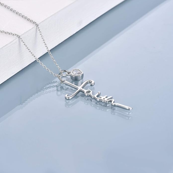 Faith Cross Necklace For Women Birthstone Sterling Silver with Simulated Birthstone Cross Jewelry Christian Gifts