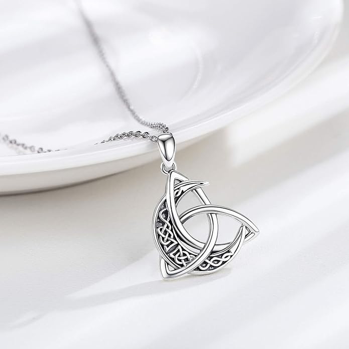 CHENGHONG Celtic Moon Necklace for Women 925 Sterling Silver Celtic Knot Moonstone Pendant Necklace Crescent Irish Necklaces Celtics Jewelry Gift for Women Men