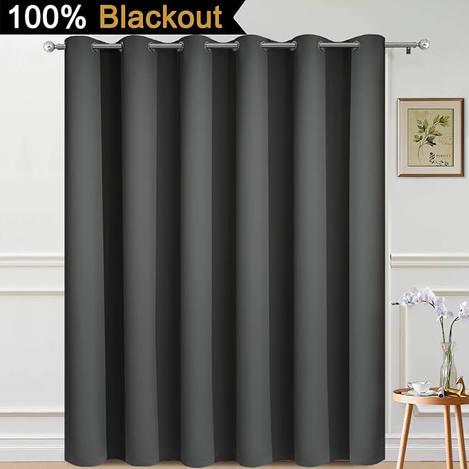 Yakamok Dark Grey Blackout Patio Door Curtain Panels W100 x L108, 1 Panel | Noise Reducing Barrier Panel for Sliding Glass Door, 2 Thick Layers Heat Full Light Blocking Patio Door Drapery