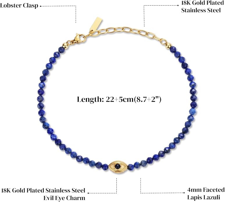 COAI Evil Eye Anklet for Women, Summer Waterproof Anklet for Women Lapis Lazuli Moonstone Black Tourmaline Ankle Bracelet