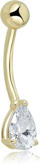 AVORA 10K Gold Simulated Diamond CZ Pear-shaped Belly Button Ring Body Jewelry (14 Gauge)