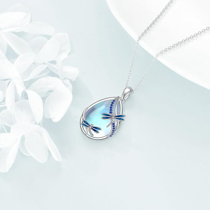 KQF Dragonfly/Butterlfy/Cat/Jellyfish/Bunny/Axolotl/Bee/Mermaid/Hummingbird/Elephant Necklace for Women Sterling Silver Moonstone Pendant Necklace Dragonfly Jewelry Gifts for Women