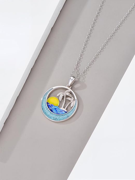Midari Ocean Necklace 925 Sterling Silver Flamingo Mama Bear Dolphin Penguin Sea Turtle Axolotl Desert Cactus Nautical Rudder Tropical Palm Compass Wave Pendant Boho Jewelry Gifts for Women Men