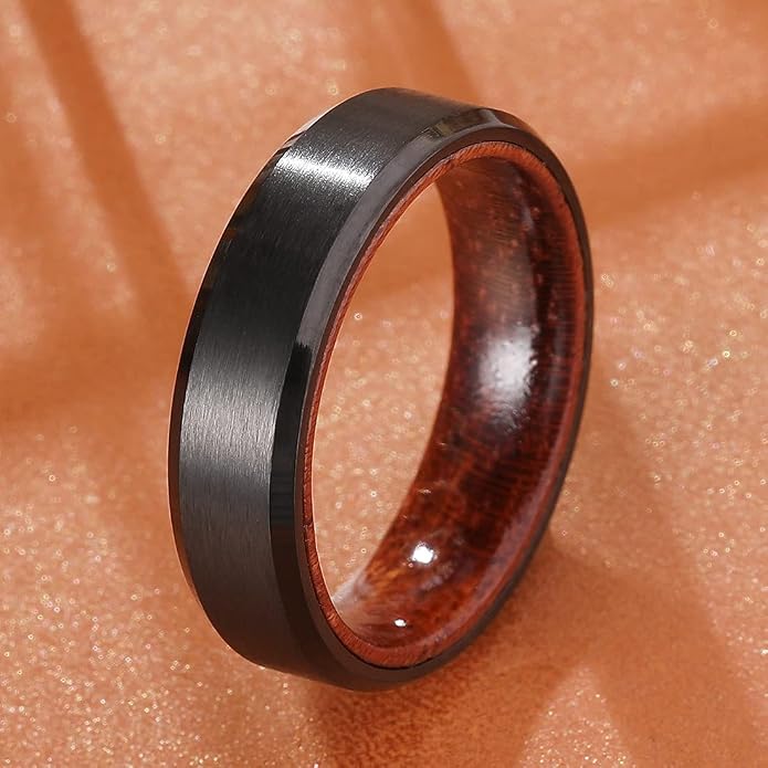 King Will 6/8mm Wedding Band for Men, Silver/Black Hammered Titanium Wedding Ring Inlaid Wood Inner Hole, Wedding Band for Men Matte Brushed Comfort Fit 7-14