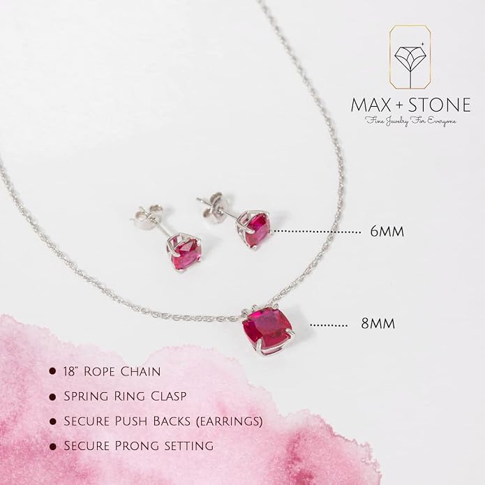 MAX + STONE 14k Gold Plated or Sterling Silver Cushion Cut Gemstone Stud Earrings and Pendant Necklace for Women with 6mm and 8mm Birthstones 18 Inch Chain and Push Backs Jewelry Set