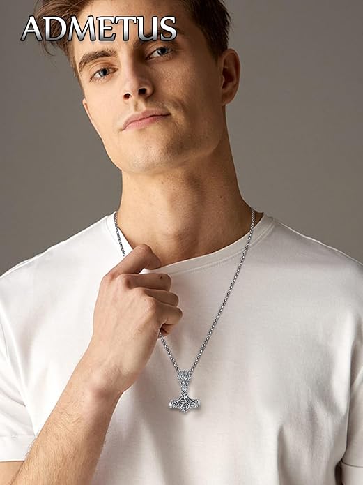 ADMETUS 925 Sterling Silver Thor Hammer Necklace Viking Mjolnir Pendant Jewelry Gifts for Men with 2.5mm 22"+2" Rolo Chain