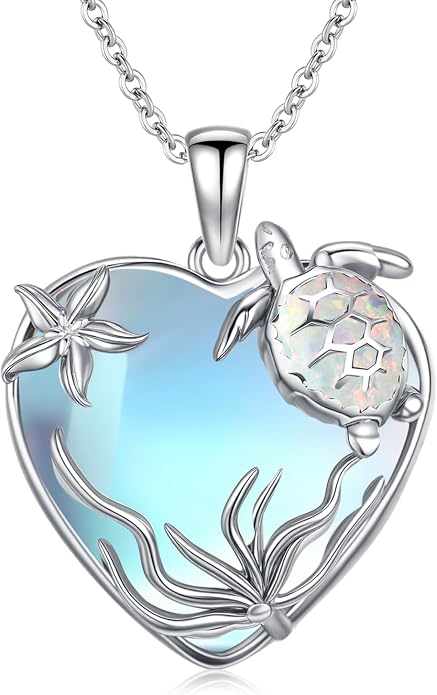 Sea Turtle/Seaweed Necklace for Women 925 Sterling Silver Heart of the Ocean Moonstone Pendant Necklace Turtle Moonstone Jewelry Gift for Wife Mom