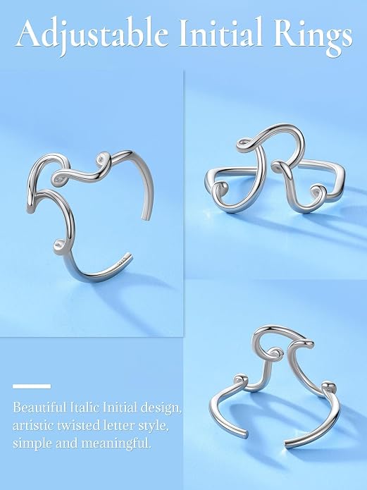 SILVERCUTE S925 Initial Rings, Adjustable Size 6-12 Statement Alphabet Letter A-Z Jewelry Personalized Twisted Initials Rings Sterling Silver Stacking Ring for Women
