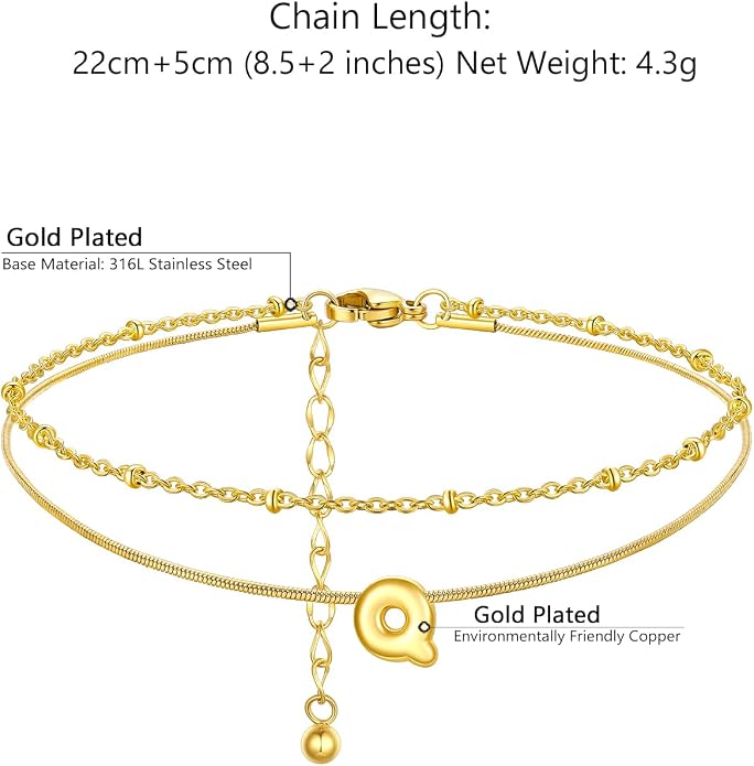ChainsProMax Initial Ankle Bracelets for Women, Waterproof Anklets Bracelet Adjustable Summer Beach Women Foot Jewelry, Stainless Steel/Gold Plated-Send Gift Box/Letter A-Z