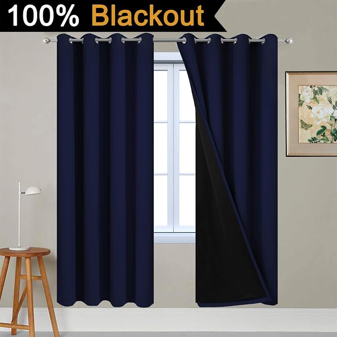 Yakamok 100% Blackout Curtains with Black Liners, Thermal Insulated Full Blackout 2-Layer Lined Drapes Room Darkening Curtain Panel for Bedroom(Navy Blue, 2 Panels, W52 x L72) | Blackout Curtain Panels for Bedroom, 2 Thick Layers Grommet Top Thermal In...
