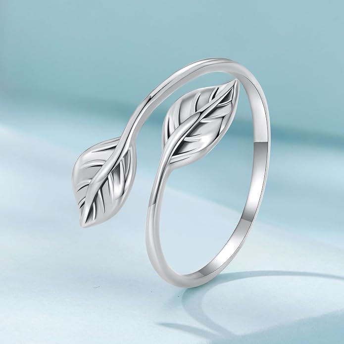 MUNDELL 925 Sterling Silver Simple Multi-layer Leaf Adjustable Ring Green Lucky Leaves Statement Ring for Women Promise Ring Fine Jewelry