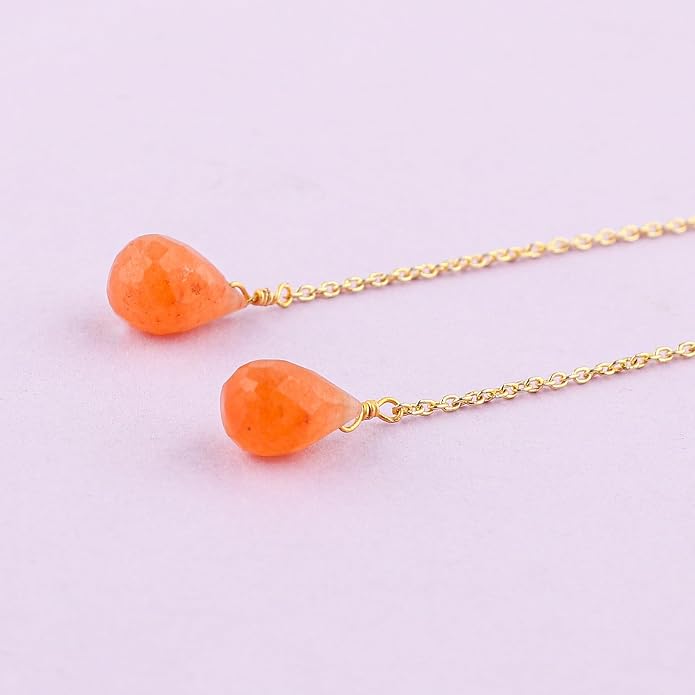 Natural Gemstone Threader Earrings for Women - Dainty 2mm Faceted Beads - Birthstone Crystal Drop Earrings - Silver Plated Healing Jewelry