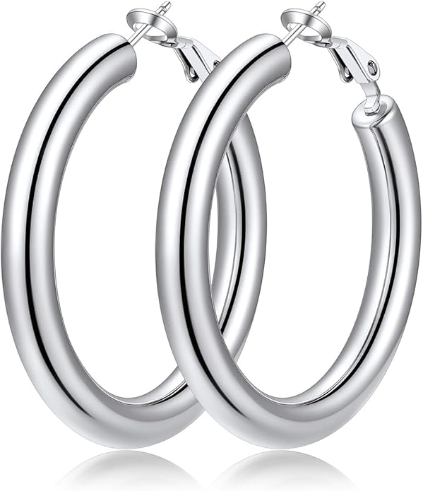 FaithHeart Chunky Hoop Earrings for Women, Silver/Black/14K Gold Plated Stainless Steel Earrings 5mm Thick Hollow Tube Hoops Hypoallergenic Lightweight Earring 20/30/40/50/60/70/80mm