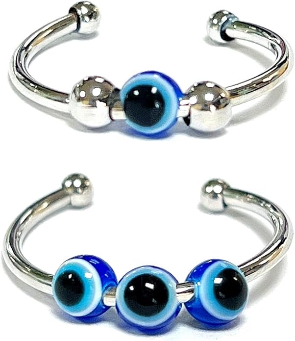COLORFUL BLING Set Spiral Anxiety Adjustable Evil Eye Bead Spinner Finger Stackable Joint Knuckle Ring Rotate Freely Jewelry Inspirations Fidget Stress Jewelry Turkish Amulet Protection