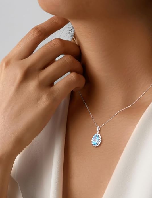 925 Sterling Silver Teardrop Necklace for Women Huge Created Gemstone Solitaire Halo Pendant Pear Cut Birthstone Necklace