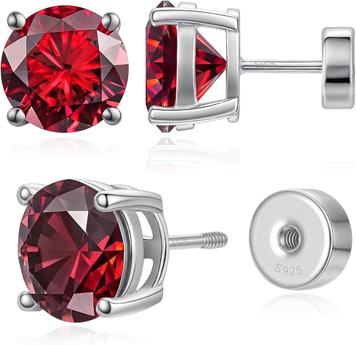 Heart Birthstone Flat Back Stud Earrings, 925 Sterling Silver 18K White Gold Plated, Poke-Free Comfortable Sleep Hypoallergenic Personalized Ear Piercing Jewelry, Mother's Day Birthday Gifts for Women