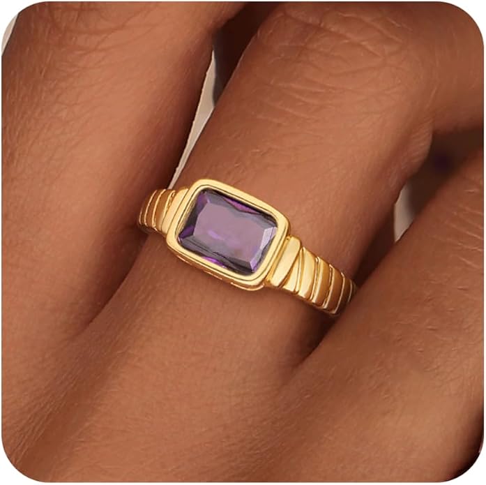 ZHESHY Birthstone Gold Rings for Women Non Tarnish Vintage Gemstone Emerald Rings 14K Gold Plated CZ Signet Thumb Band Rings Jewelry Gift for Birthday Size 6-10