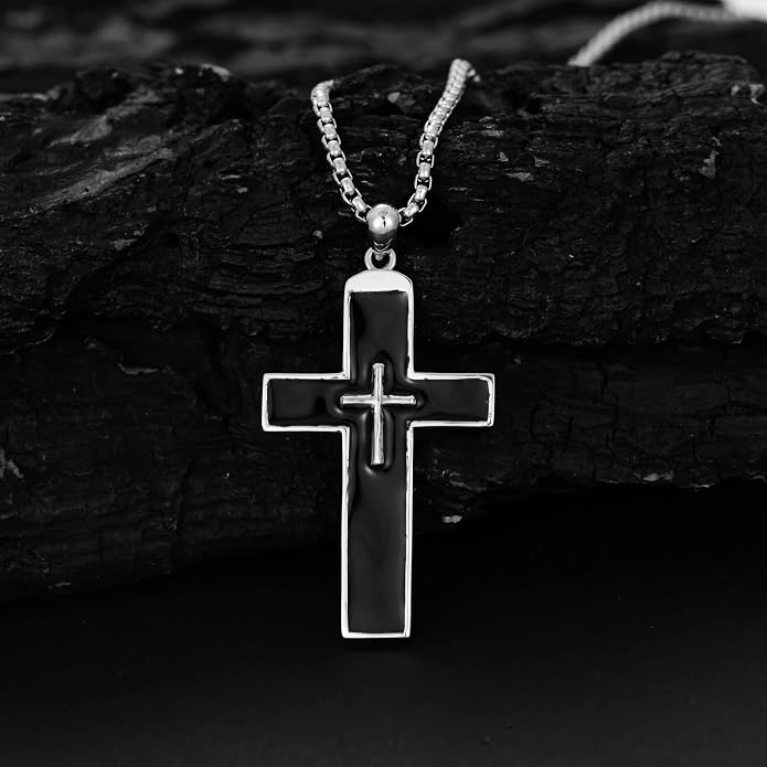 KXJ S925 Sterling Silver Black Cross/Best Dad/Baseball Bat/Silver Cross/Ankh Cross/Crucifix with 22+2 Inches Stainless Steel Rolo Chain Cross Necklace for Men Women Christian Religious Jewelry Gifts