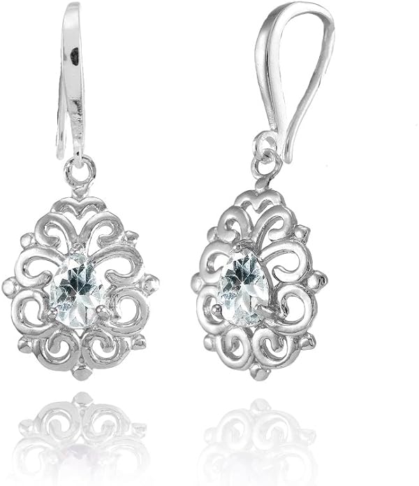 Sterling Silver Genuine, Simulated, or Created Gemstone 6x4mm Teardrop Filigree Dainty Dangle Earrings