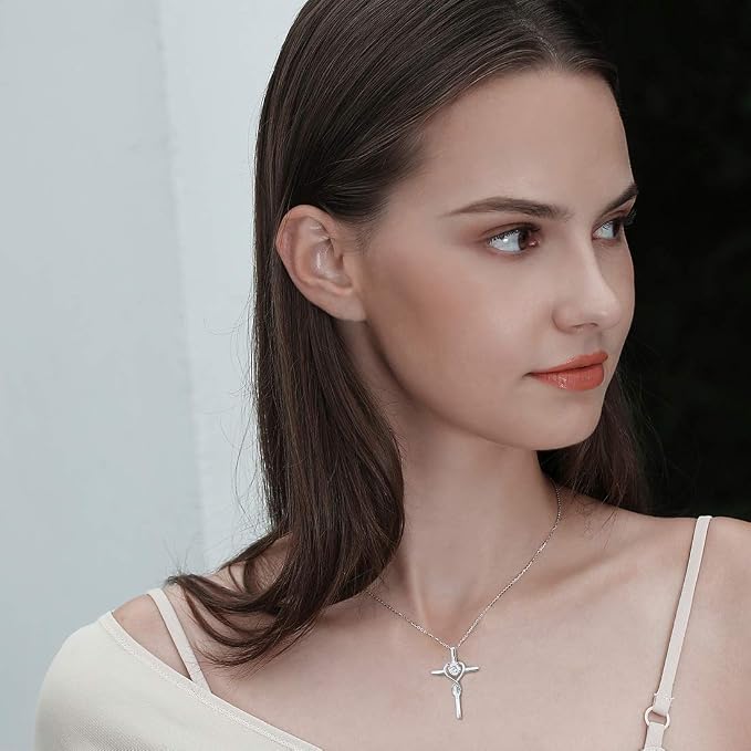 FANCIME Birthstone Cross Necklace for Women Birthstone Necklace Heart Infinity Cross Pendant Necklace Fine Jewelry Christmas Birthday Holiday Gifts for Her, 16"+2" Inches
